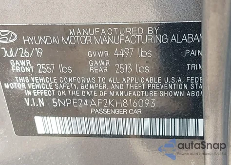 2019 Hyundai Sonata Se from USA, damaged, VIN 5NPE24AF2KH816093